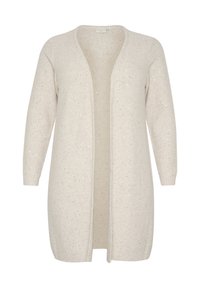 Cardigan beige chiaro realizzato in morbido tessuto knit, con un design lungo e aperto, leggere accensioni di argento scintillante e polsini a coste.