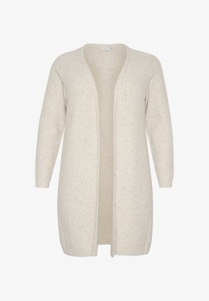 Helles beige Strickjacke aus weichem Strickstoff, mit langem offenen Design, subtilen glitzernden Silberakzenten und gerippten Bündchen.