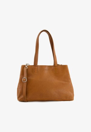 Tan leather tote bag with two shoulder straps and a detachable crossbody strap. Smooth texture, rectangular shape, and embossed logo detail.