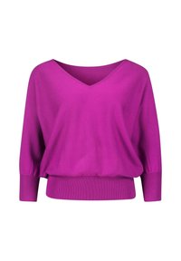 Pullover ampio con scollo a V in maglia rosa brillante, con maniche lunghe e polsini e orlo a costine. Texture liscia, design casual.