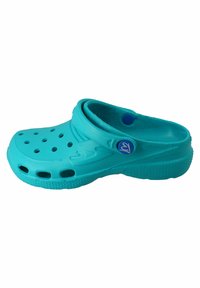 Turquoise clogs with a perforated design, made of lightweight material. Features a back strap and textured sole for grip.