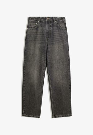 Čierne džínsy z denimového materiálu s voľným strihom, obsahujúce päť vreciek, zapínanie na gombík a jemné vyblednutie textúry látky.