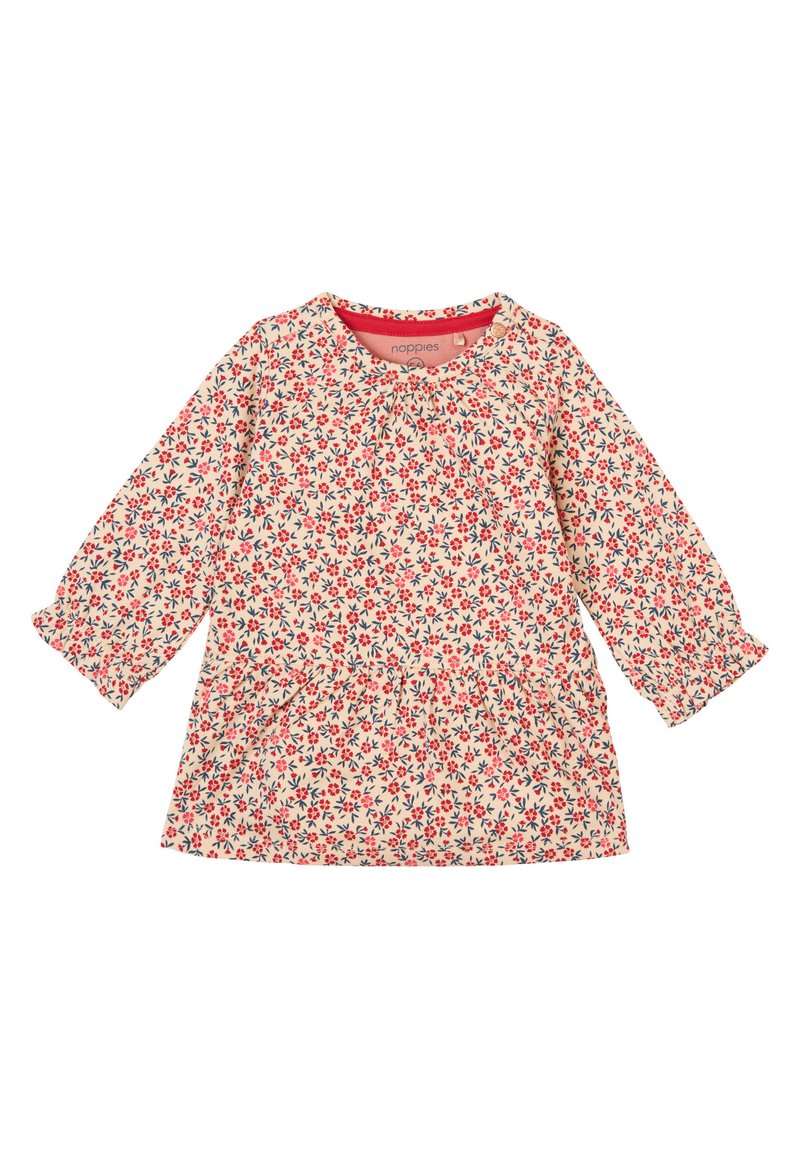 Floral dress met lange mouwen, lichte roomkleurige basis, rode en blauwe bloemenprint, geraffineerde taille en een ronde halslijn met een rode accent.