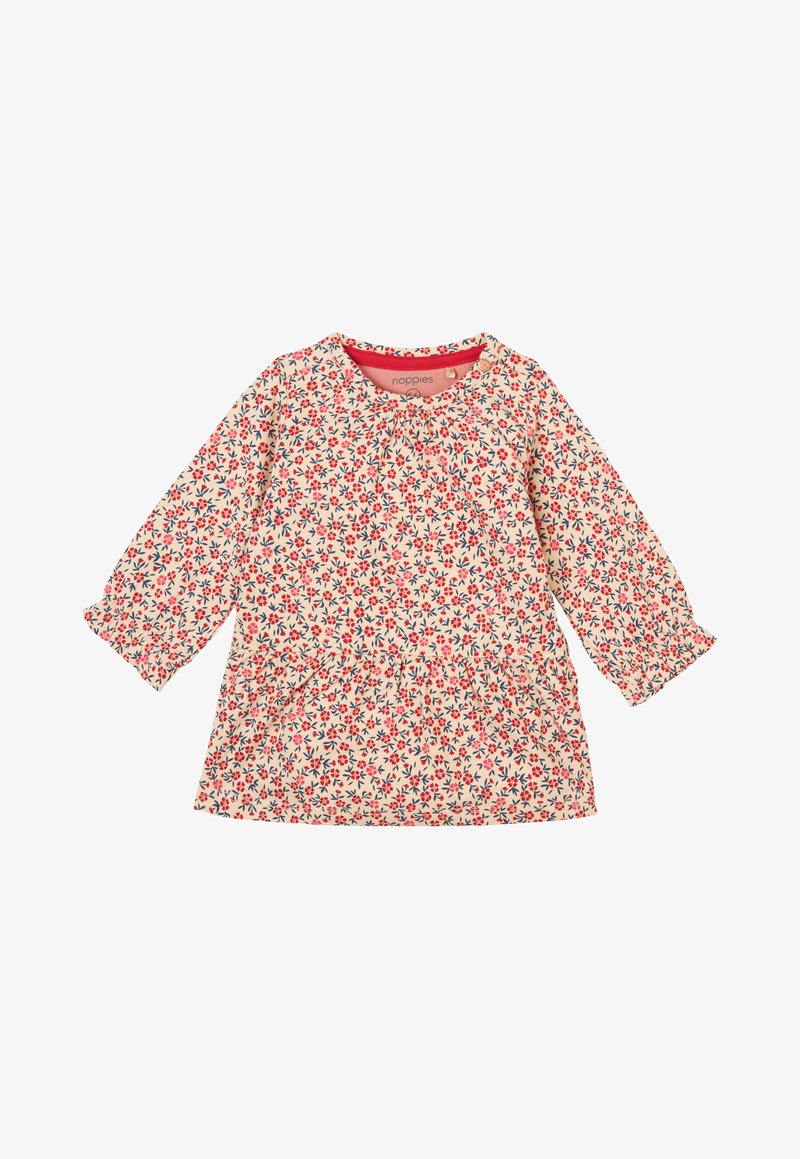 Blumenkleid mit langen Ärmeln, hellcremefarbigem Grund, rot-blauem Blumenmuster, gerafftem Bund und Rundhalsausschnitt mit rotem Akzent.