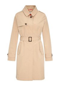 Beige trenchcoat met een ceintuur in de taille, knopen aan de voorkant, twee zijzakken en een klassieke kraag. Gemaakt van soepel, lichtgewicht materiaal.