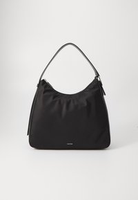 Black nylon shoulder bag with a smooth texture, curved top, metal zipper closure, and a single flat handle. Features a subtle logo on the front.