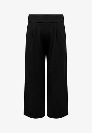 Black wide-leg culottes made of soft fabric, featuring a high elastic waistband and front pleats for added design detail.