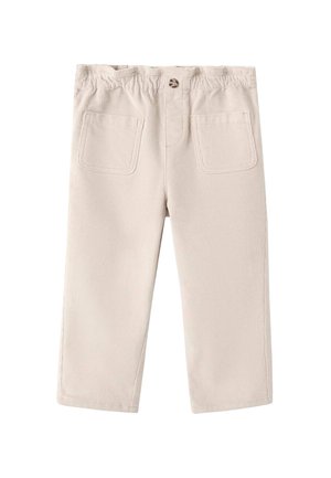 Pantalons en velours côtelé beige avec une taille élastique, deux poches arrière, des jambes droites et un motif texturé en côtes.