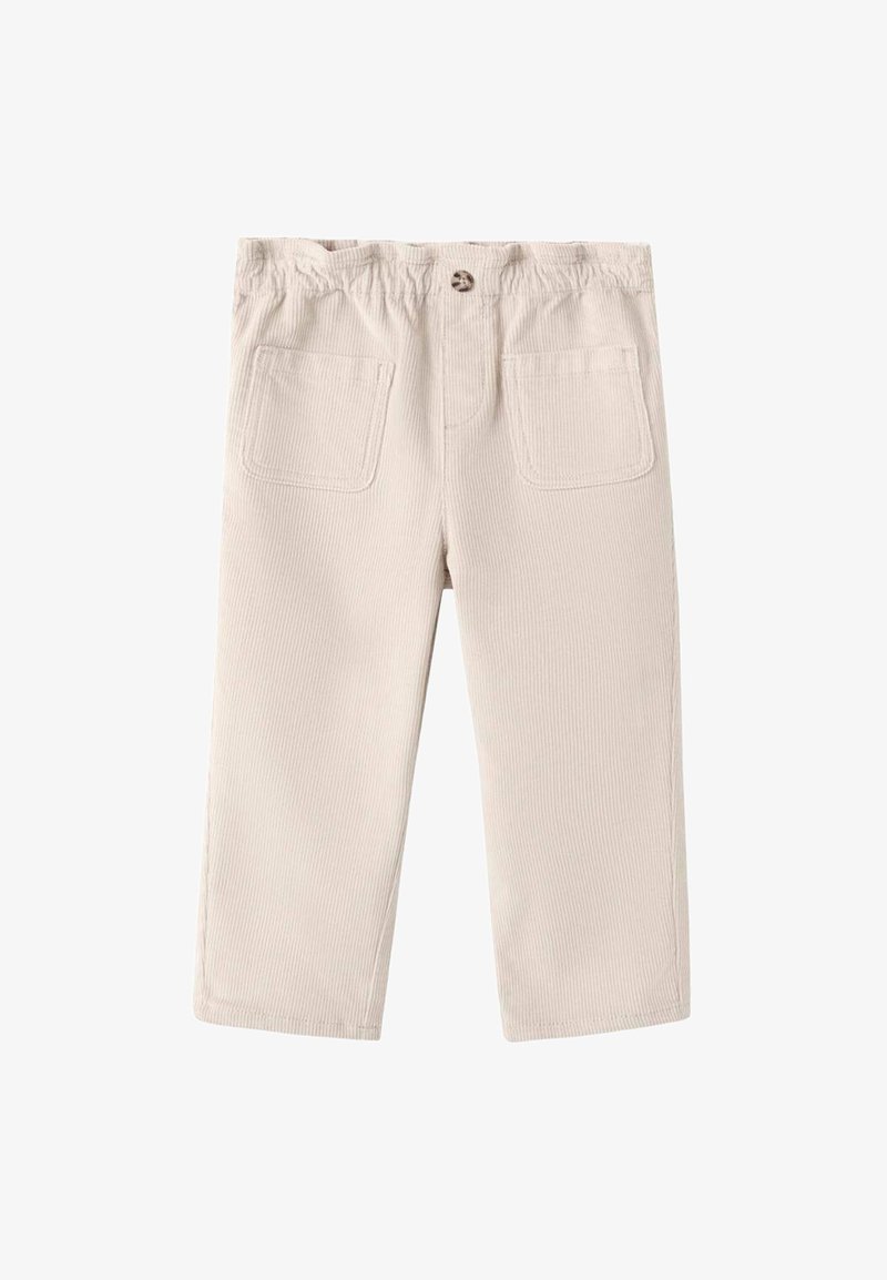 Bež kordurojske hlače z elastiko v pasu, dvema zadnjima žepoma, ravnimi nogami in teksturiranim rebrastim vzorcem.