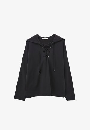 Černá mikina s dlouhým rukávem a kapucí, s předním šněrováním s kovovými očky a volným střihem. Měkká textilie.