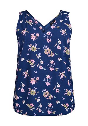 Marineblaues ärmelloses Oberteil mit V-Ausschnitt, das ein florales Muster in Pink, Grün und Weiß aufweist, aus leichtem Stoff gefertigt.