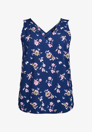 Mornarsko plava bezrukava majica s V-izrezom, koja ima cvjetni uzorak u ružičastoj, zelenoj i bijeloj boji, izrađena od lagane tkanine.