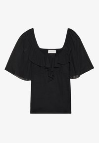 Černý top s čtvercovým výstřihem, krátkými vyklenutými rukávy a vrstevnatými volány na přední části. Vyroben z měkké, lehké tkaniny.