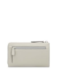 Light gray leather wallet with a front zip pocket, smooth texture, rectangular shape, and simple stitching. Zipper pull detail included.