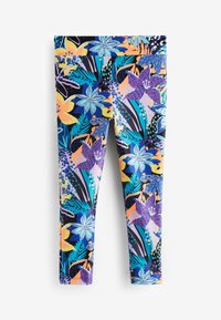 Leggings realizzati in tessuto elasticizzato con un vivace motivo floreale nei colori blu, viola, arancione e nero, arricchiti da foglie verdi e accenti astratti.