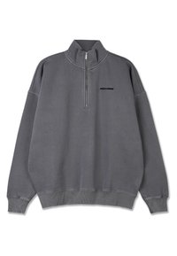 Zip-up sweatshirt in gray cotton blend, featuring a high collar, ribbed cuffs, and a simple logo on the upper left side.