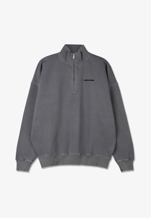 Sweatshirt zippé en mélange de coton gris, avec un col haut, des poignets côtelés et un simple logo sur le côté supérieur gauche.