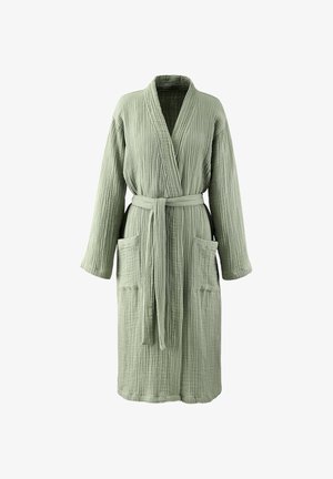 Light green textured cotton bathrobe with long sleeves, two front pockets, and a waist tie belt.