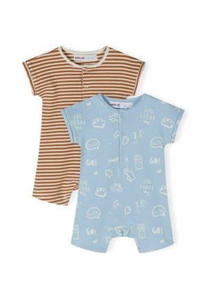 Set aus zwei Babyröcken: einer braun- und crema gestreift, der andere hellblau mit weißen, verspielten Grafiken. Aus Baumwollmaterial, mit Druckknopfverschlüssen.