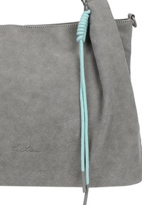 Gray suede handbag with a textured surface, featuring a prominent mint green cord detail on the handle and a subtle logo on the front.