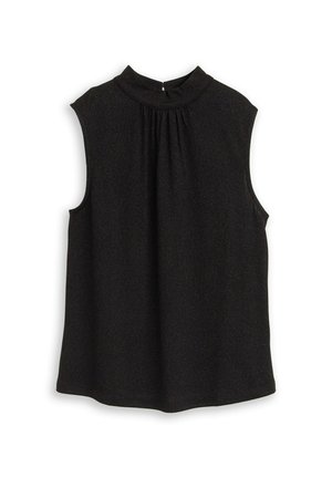 Schwarzes ärmelloses Oberteil mit hochgeschlossenem Kragen, das dezent plissiert ist. Aus strukturiertem Stoff gefertigt, mit einem Reißverschlussdetail im Rücken.
