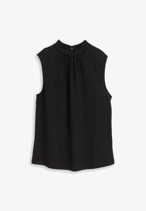 Zwarte mouwloze top met een hoge hals, voorzien van subtiele plooien. Gemaakt van textuurstof, met een ritssluiting aan de achterkant.