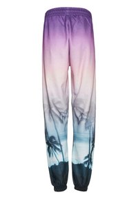 Pantaloni della tuta con gradiente da viola a rosa e stampa di palme all'orlo, dotati di una vita elastica e polsini per una vestibilità comoda.