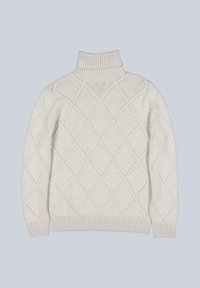 Hellgrauer Strickpullover mit hohem Kragen. Verfügt über ein Rautenmuster und eine gerippte Säume. Das Material scheint weich und strukturiert zu sein.