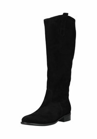 Stivale in suede nero al ginocchio con tacco basso e punta rotonda, dotato di linguetta superiore per una facile calzata.
