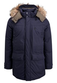 Mörkblå parka med fuskpälsfodrad huva, dragkedja och tryckknappar, två framfickor och justerbara ärmslut. Slät, isolerad tygtextur.