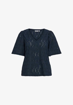 Tumši zila īss piedurkņu blūze ar V-veida izgriezumu un fakturētu ģeometrisku medus kārtiņu rakstu vieglā audumā.
