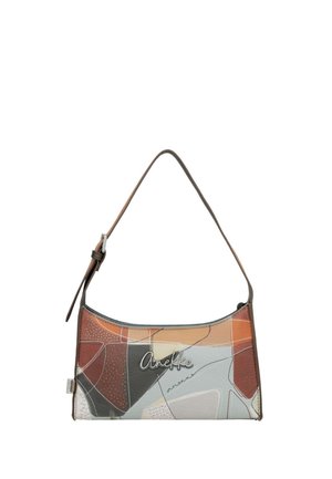 Piccola borsa rettangolare con motivo patchwork geometrico in tonalità marroni, arancioni, grigie e beige e una tracolla regolabile.