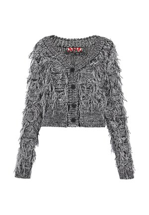 Cardigan culestră negru și alb, cu detalii de franjuri texturate, guler în formă de V, mâneci lungi și cinci nasturi negri pe partea din față.