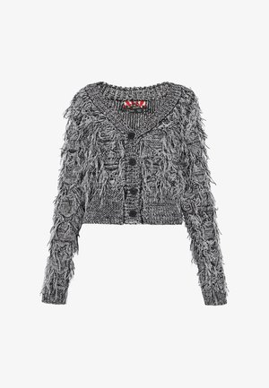 Melnā un baltā krāsā apgriezts kardigāns ar teksturētu frizūru, V-veida kaklu, garām piedurknēm un pieciem melniem pogām priekšpusē.