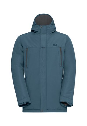 Veste isolante bleue avec fermeture éclair à l'avant, capuche ajustable et deux poches zippées. Présente un tissu lisse et une finition légèrement texturée.