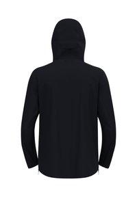 Veste noire imperméable avec capuche, manches longues et fermetures éclair à l'ourlet. Texture lisse, design minimal et sans motifs ni accessoires visibles.