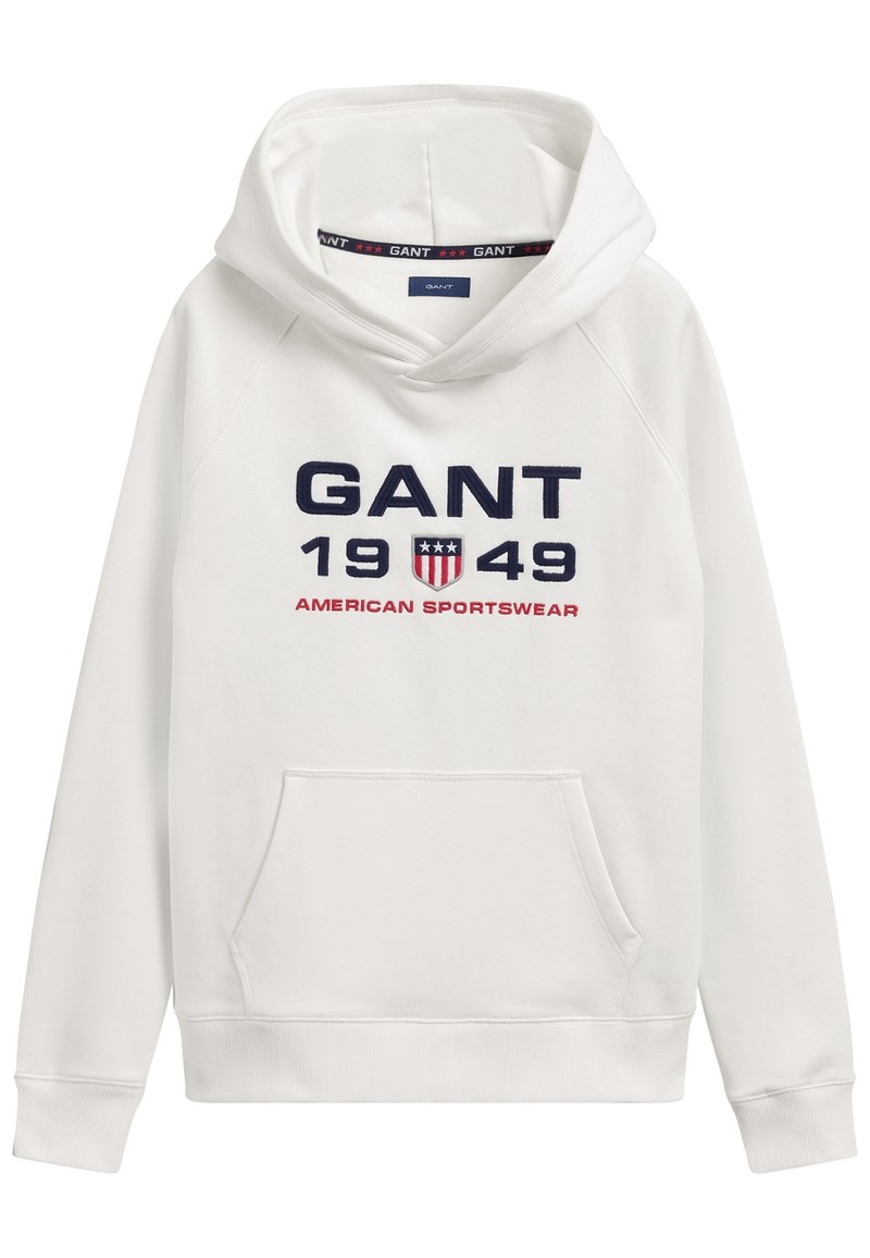 Biała bluza z kapturem, z dużym granatowym haftem "GANT 1949" oraz "AMERICAN SPORTSWEAR." Zawiera przednią kieszeń typu kangur.