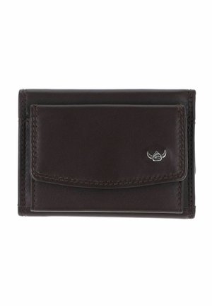 Dark brown leather wallet with front flap pocket and small silver logo on the right side, displayed against a white background.