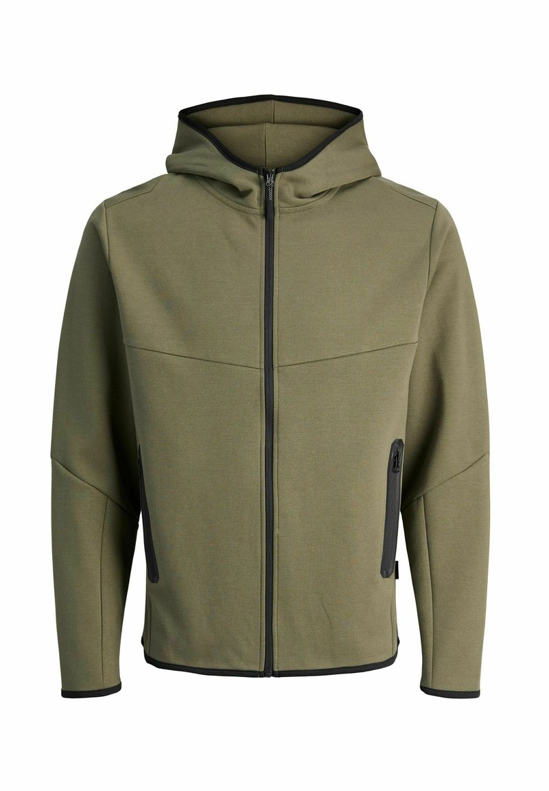Giacca con cappuccio in tessuto verde oliva, dotata di una zip lungo tutta la lunghezza, tasche laterali con zip e finiture nere lungo i bordi e le tasche.