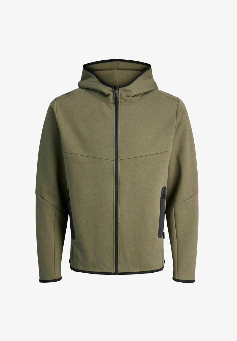 Giacca con cappuccio in tessuto verde oliva, dotata di una zip lungo tutta la lunghezza, tasche laterali con zip e finiture nere lungo i bordi e le tasche.