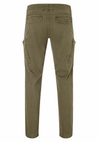 Olive green cargo pants feature a straight leg design, side pockets, and subtle tonal stitching, made from soft cotton blend fabric.