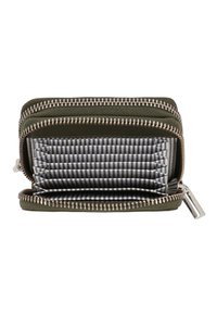 Olive green wallet with silver zipper, featuring a striped interior with multiple card slots and a compact shape. Durable fabric exterior.