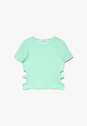 Top verde menta a maniche corte con texture a coste, presenta dettagli traforati sui lati e scollatura tonda.
