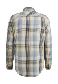 Chemise à manches longues en plaid beige, bleu et noir. Dotée d'un col boutonné, d'un empiècement au dos et de poignets avec boutons. Tissu doux et texturé.