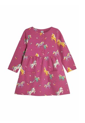 Robe à manches longues rose avec un motif licorne ludique. Comprend un col rond, des fermetures à boutons et deux poches avant.