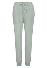 Light green, lightweight joggers with an elastic waistband, adjustable drawstring, and fitted cuffs. Smooth texture with a subtle weave pattern.