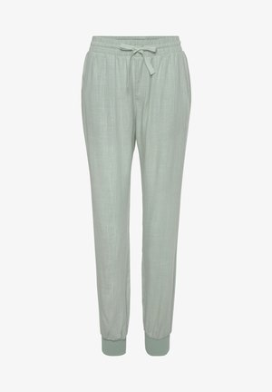 Hellgrüne, leichtgewichtige Jogginghosen mit einem elastischen Bund, verstellbarem Kordelzug und enganliegenden Bündchen. Glatte Textur mit einem subtilen Webmuster.