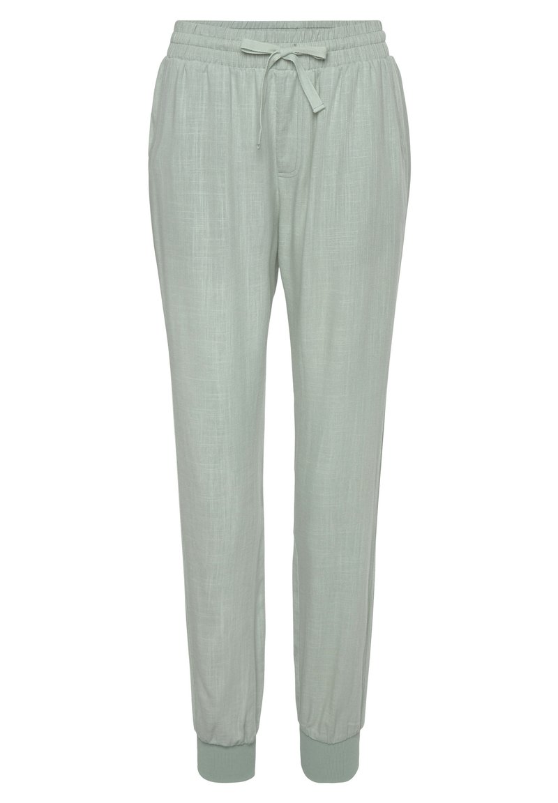 Light green, lightweight joggers with an elastic waistband, adjustable drawstring, and fitted cuffs. Smooth texture with a subtle weave pattern.