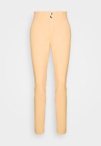 Light peach tailored trousers with a smooth texture, high waist, and two metallic buttons at the front. Slim fit with a straight leg design.