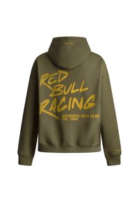 Sweat à capuche vert olive avec une poche kangourou à l'avant. Il présente un grand texte jaune "RED BULL RACING" et un texte plus petit en dessous, avec une capuche.